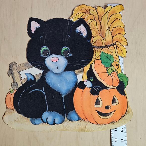 5 pc VTG Flocked Halloween Paper Decor Pumpkin Black Cat Witch Jack-o-loantern - Picture 7 of 7